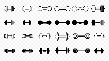 Collection of various dumbbell and weight icons in black and white outlines and solid fills exercise