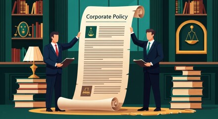 Two lawyers reviewing a large corporate policy document in a classic library setting highlighting legal compliance and regulatory frameworks