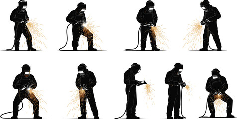 Vector illustration of industrial welders wearing protective gear, working with metal, creating bright sparks, and performing heavy labor jobs in fabrication.