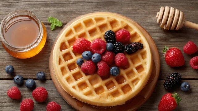Delicious Waffle Topped with Fresh Berries and Honey on Wooden Table  4k video footage