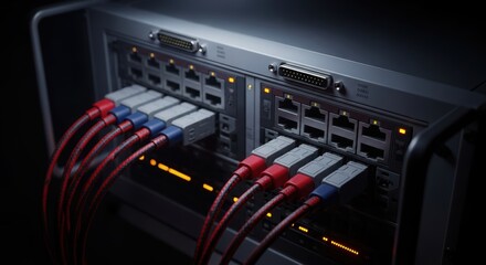 Network server panel featuring connected cables and glowing LED indicators highlighting data center operations and communication technology