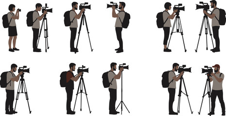Vector illustration set of videographers and filmmakers with video cameras and tripods, documenting events, illustrating news reporting, media, and creative professions.