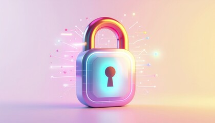 Colorful digital lock with glowing elements on a plain background showing security and protection concepts in a modern design