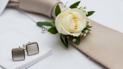 Elegant wedding attire with rose boutonniere and cufflinks for formal celebration