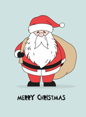 Christmas card with Santa Claus holding gifts and merry Christmas text