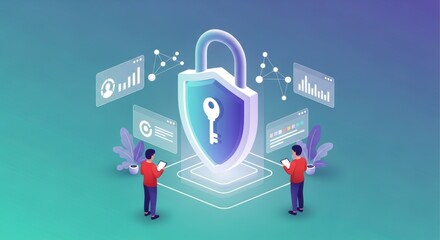 Isometric illustration depicts cybersecurity with a shield padlock securing data while users analyze network data on devices