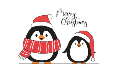 Christmas card with winter animals. Two cartoon penguins wearing Santa's hats. Holiday card with Merry Christmas text. 