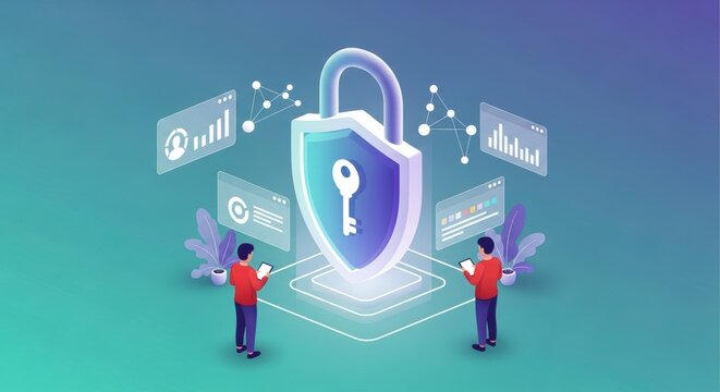 Isometric illustration depicts cybersecurity with a shield padlock securing data while users analyze network data on devices