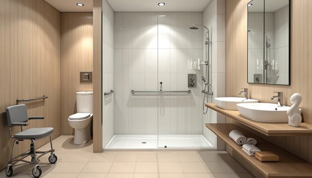 Modern bathroom design with accessibility features. It includes grab bars a roll in shower lowered sink. Accessible for those with mobility issues or impairments.