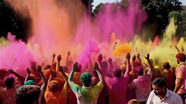 Holi Festival Crowd - Colorful Powder Explosion, Joyful Celebration, Vibrant Indian Culture.

