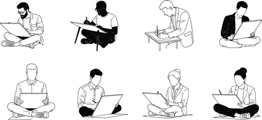Vector silhouette collection of people writing, sketching, studying, and working on laptops and clipboards, illustrating creative work, learning, and education concepts.