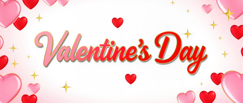 Valentine's Day celebration with pink and red hearts surrounding festive text. Valentine's Day theme includes colorful heart decorations and cheerful atmosphere.