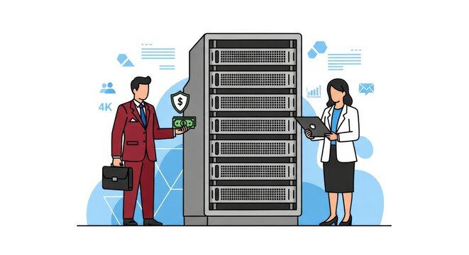 Data center security and financial investment show a businessman and system administrator working with servers for cryptocurrency cloud management - Powered by Adobe