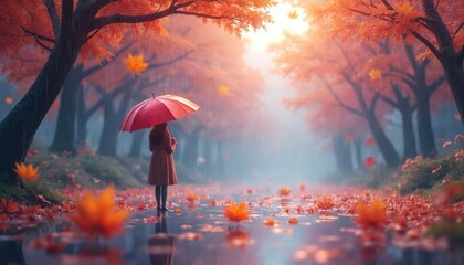Woman under red umbrella stands in autumn rain among orange leaves. Fall season scenery with reflections in puddle. Rainy weather at park. Beautiful nature artwork.