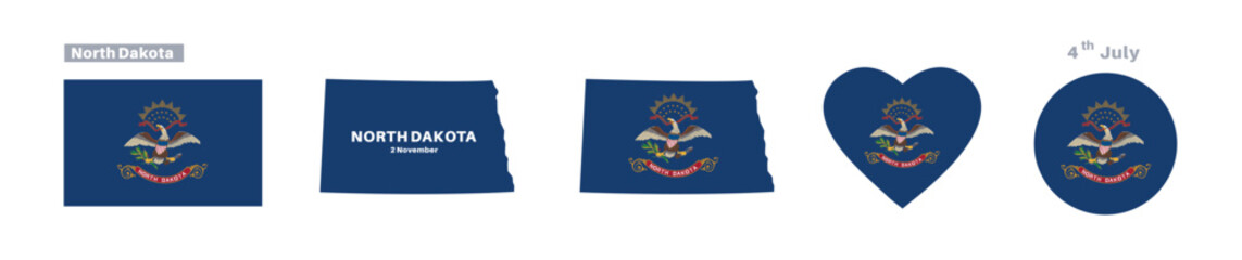 North Dakota flag and map set. North Dakota state flag in celebration of November 2nd