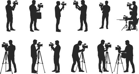 Vector silhouette collection of photographers with large cameras, backpacks, and tripods, illustrating photojournalism, visual media, and professional creative careers outdoors.