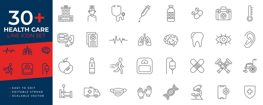 Health care line art icon set featuring editable strokes and scalable vector symbols representing medical care, hospitals, wellness, emergency, and professional healthcare concepts.