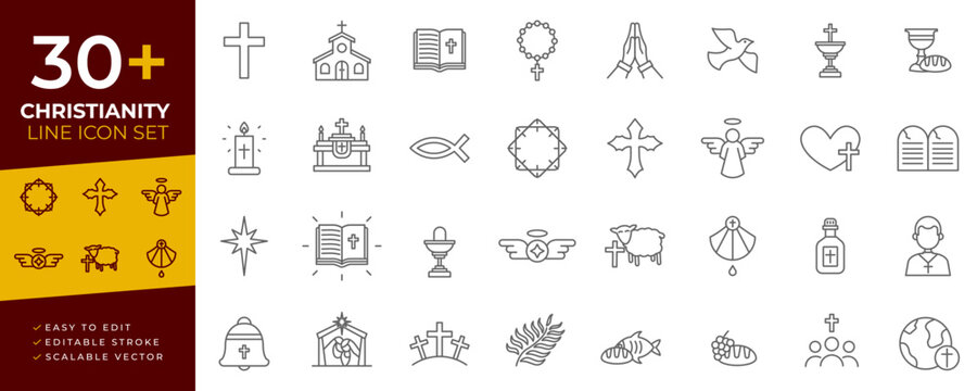 Christianity line icon set vector features editable stroke and outlines, representing the cross, church, bible, and other spiritual religious concepts, designed for web, apps, and digital platforms.