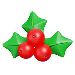 Cute 3D Christmas Holly and Mistletoe Leaves Isolated. Red Berry Decoration.