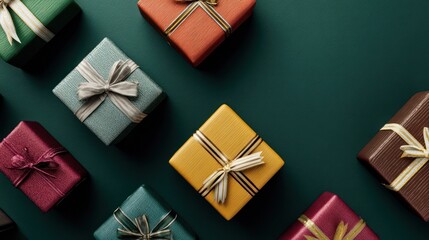 Elegant wrapped gifts in various colors arranged on a dark green background, perfect for festive and celebratory themes