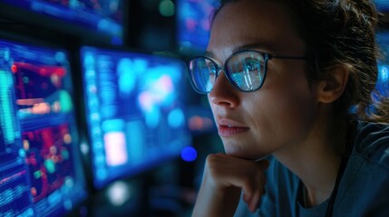 Cybersecurity professional Focused: A determined cybersecurity professional intently monitors data streams and network activities on multiple computer monitors in a dark, high-tech control room.