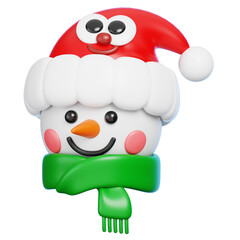 Cute 3D Snowman Head with Santa Hat and Green Scarf. Isolated Christmas Cartoon Mascot.