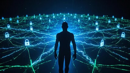 Human silhouette standing amidst a glowing, interconnected digital network with padlock icons, symbolizing cybersecurity, data protection, and the ... - Powered by Adobe
