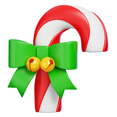 Cute 3D Candy Cane with Green Bow and Gold Bells Isolated. Christmas Treat.