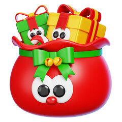 Cute 3D Santa Sack Full of Gift Boxes. Isolated Christmas Bag Cartoon Character.