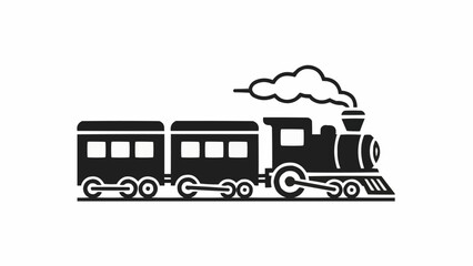 A black and white stylized illustration of a classic steam train with two passenger cars and smoke coming from its chimney, on a white background. © Refan