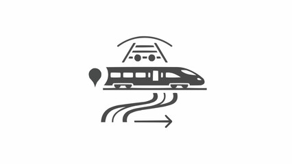 Modern high-speed train icon with location pin, signal, and tracks, representing advanced rail transport technology.