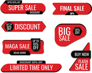 Obraz premium Red Sale Offer Banners Set – Discount Labels, Flash Sale Tags, Super Sale Badges, Vector EPS
