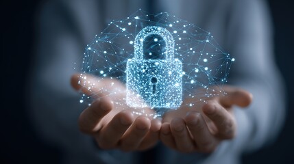 Cyber Security at Hand: A pair of hands tenderly cradles a glowing, digital padlock, a vivid symbol of protection and privacy in the digital age.