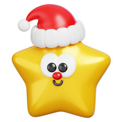 Cute 3D Golden Star with Santa Hat Isolated. Christmas Tree Topper Character.
