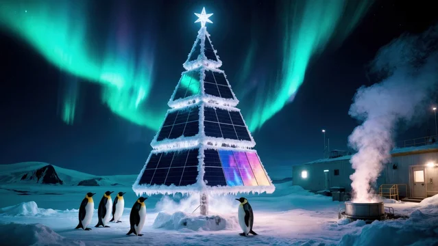 Frosted Solar Christmas Tree under Arctic Aurora