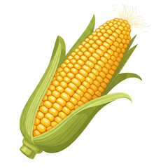 Vibrant corn on the cob illustration with husk and silks on black background