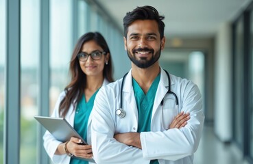 Indian male doctor and female colleague stand smiling in hospital hallway. They wear white lab coats and stethoscopes. Medical team poses confidently.
