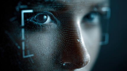 Digital Gaze: A close-up view of an individual's eye with digital facial recognition overlay, highlighting technological advancements in security and identification.