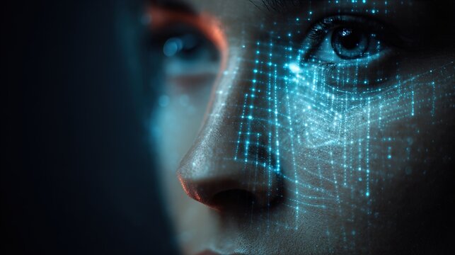 Digital Gaze: A close-up portrait of a person's face shows the integration of technology, with digital patterns overlaying the eye and skin, symbolizing the intersection of humanity and innovation.