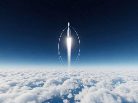 Space rocket launching vertically through the atmosphere above a thick layer of white clouds towards the dark starry sky