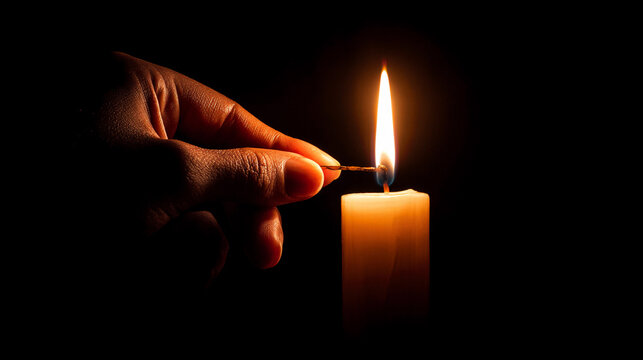 Lighting a candle with a match in a dark room at night
