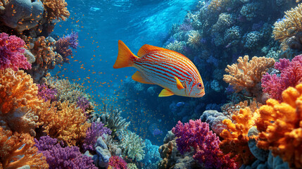 Colorful fish swims through coral reef in clear water