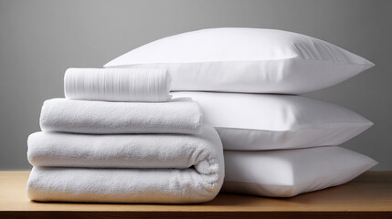 Clean white towels and pillows on a wooden surface in a simple space