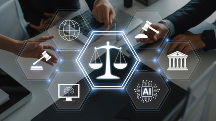 A diverse group of professionals collaborates in a modern workspace, utilizing technology to discuss innovative legal solutions, emphasizing data analysis and teamwork. Raster