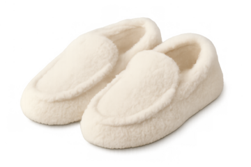 Pair of soft, fluffy cream slippers, providing cozy indoor comfort and casual relaxation. Isolated on a transparent background