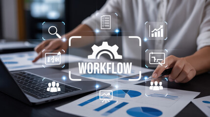 A dynamic office setting depicts teamwork and workflow through charts and digital icons, showcasing collaboration and strategic planning among professionals. Raster