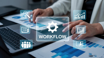 A dynamic office setting depicts teamwork and workflow through charts and digital icons, showcasing collaboration and strategic planning among professionals. Raster