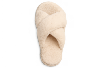 Soft beige fuzzy criss-cross slipper providing comfort and warmth at home with transparent background