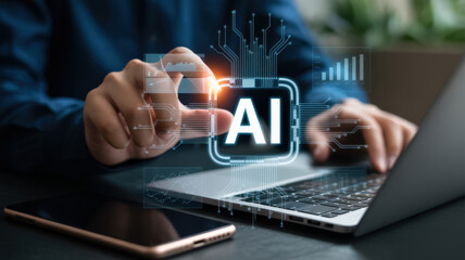Artificial Intelligence (AI) for business data analysis and analytics. A concept of using AI for data visualization, reporting, and insights. Motif