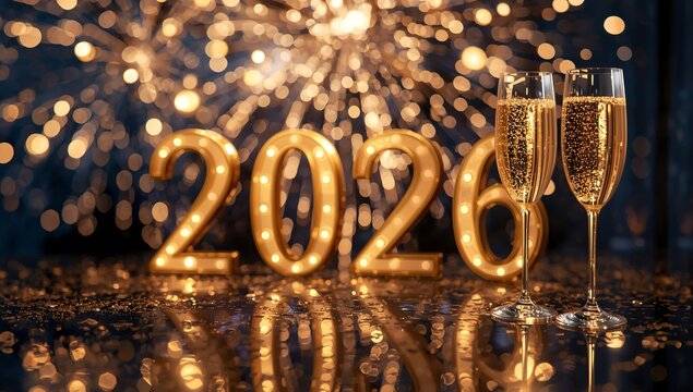 Four happy children celebrating New Year 2026 with party hats and bright sparklers.
